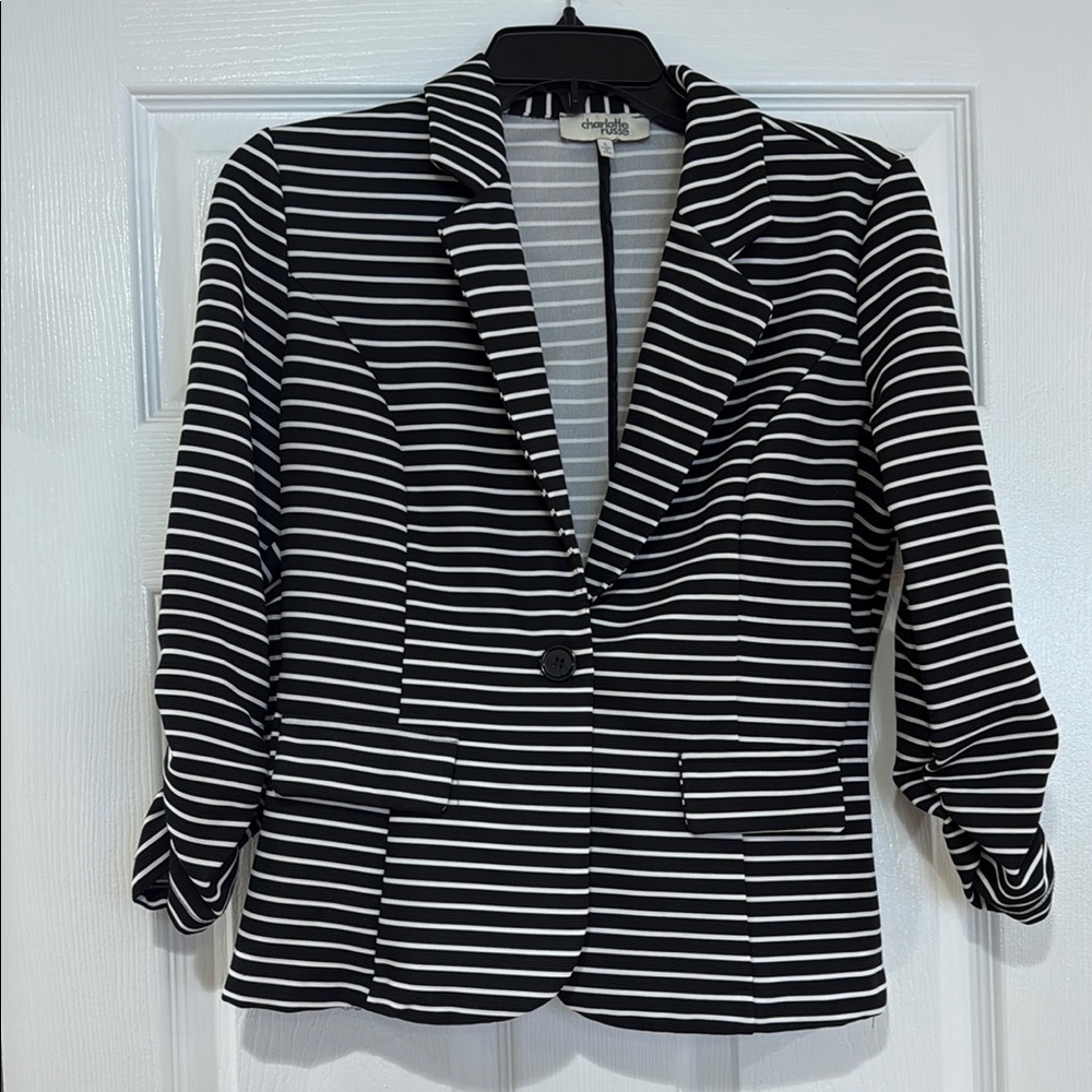 Chicwish Black and White Striped Blazer with Notched Lapel
